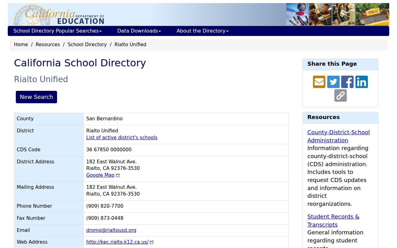 Rialto people directories California School Directory district entry