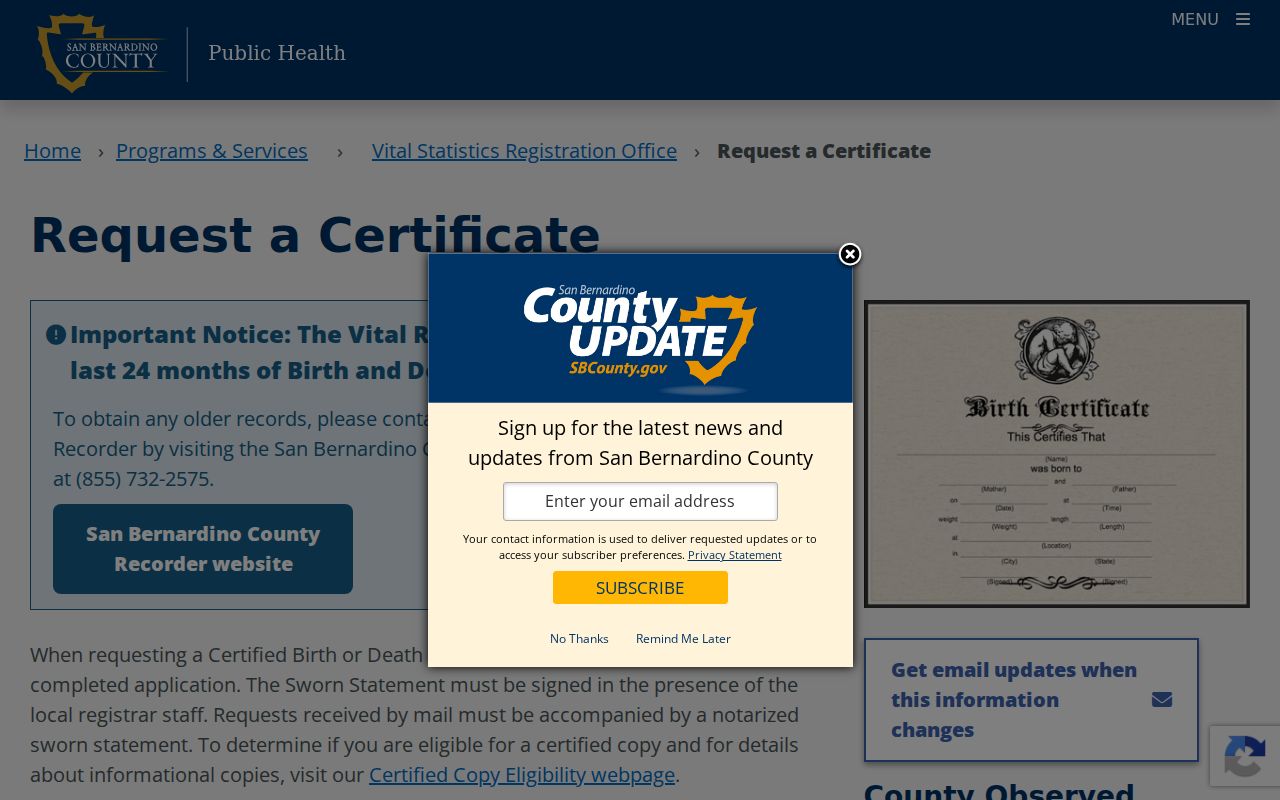 Rialto public records page for recent county vital certificates