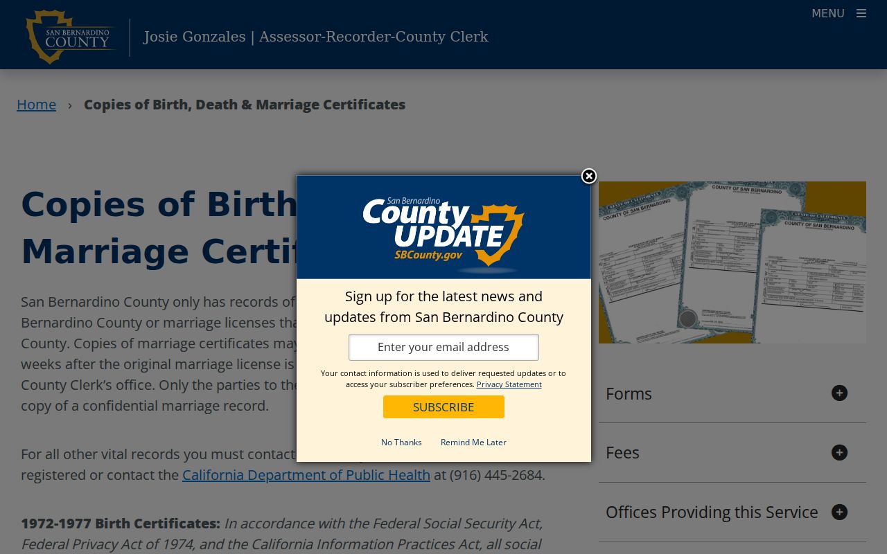 Rialto public records source for Recorder-Clerk vital copies